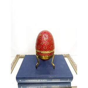 Vintage Cloisonné Large Egg Shaped Red Enamel Brass Floral Design Egg Opens in t
